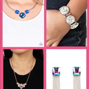 Four piece set! Two necklaces sets, a stretchy bracelet, and oil Spill earrings!